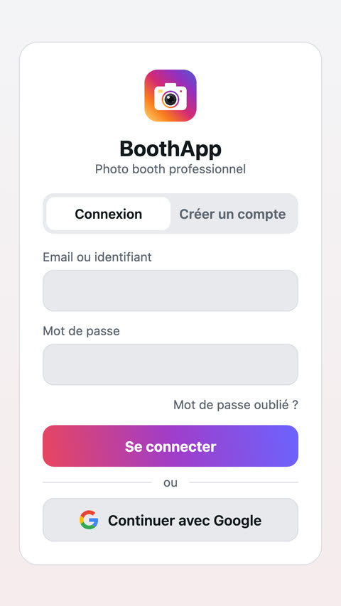 Écran de connexion de l'application : e-mail, mot de passe et bouton « Continuer avec Google ». Aucune adresse réseau n'est demandée.