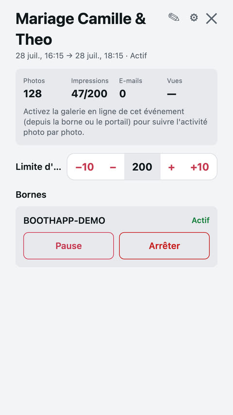 Écran de contrôle mobile : limite d'impressions, mise en pause et arrêt de la borne à distance
