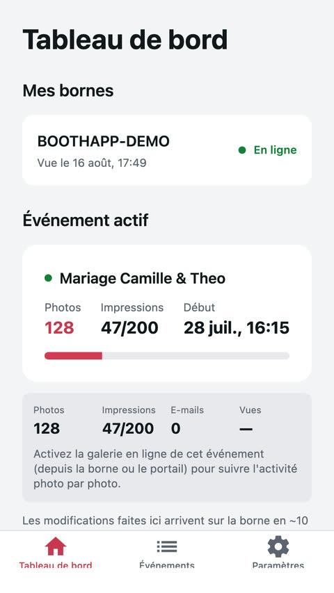 Tableau de bord mobile : borne en ligne, événement actif, photos et impressions en temps réel