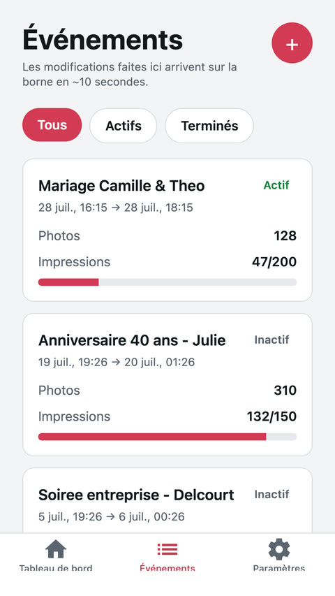 Liste des événements dans l'application mobile BoothApp