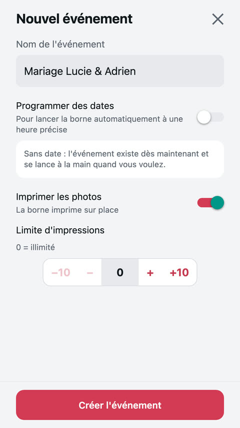 Formulaire de création d'un événement depuis le téléphone : nom, dates optionnelles, impression et limite de tirages.