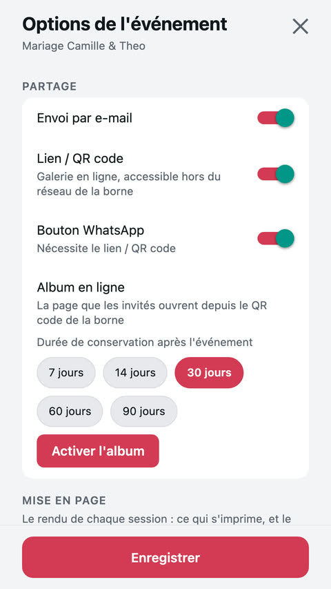 Options de l'événement : envoi par e-mail, lien QR code, bouton WhatsApp, album en ligne et durée de conservation.