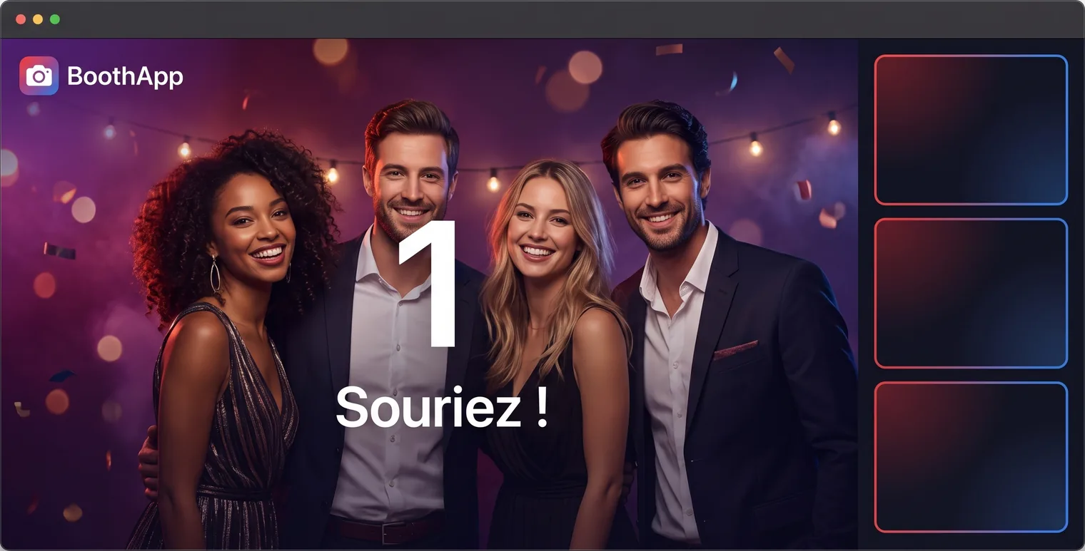 La borne BoothApp en pleine session : compte à rebours « Souriez ! » devant un groupe d'invités, et les vignettes des photos déjà prises